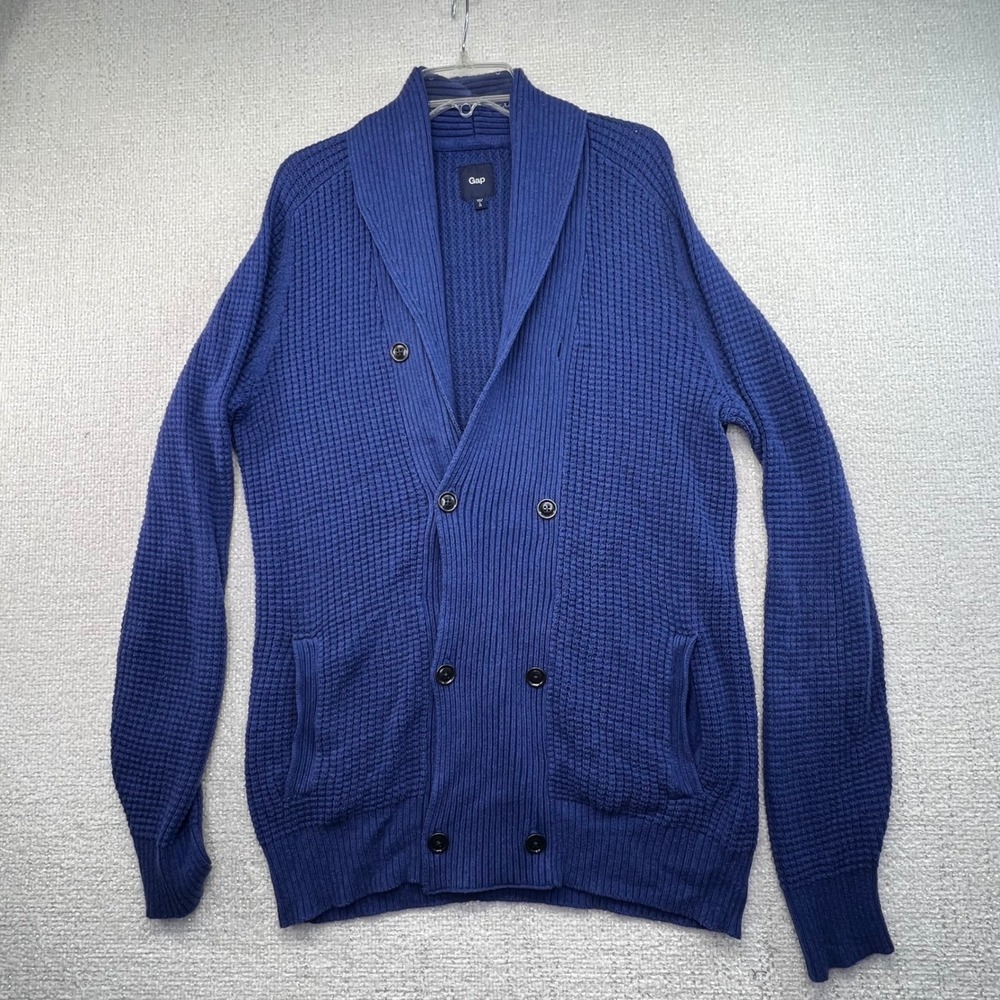 Gap Men's L Tall Shawl Collar Cardigan Sweater Blue Waffle Knit‎ Double Breasted